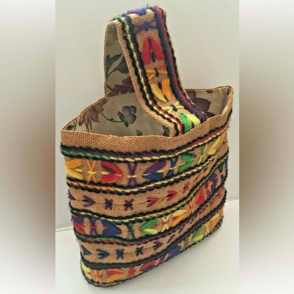 Excellent Woven Burlap Tote Handbag Colorful Crewel Embroidery Studded Bottom